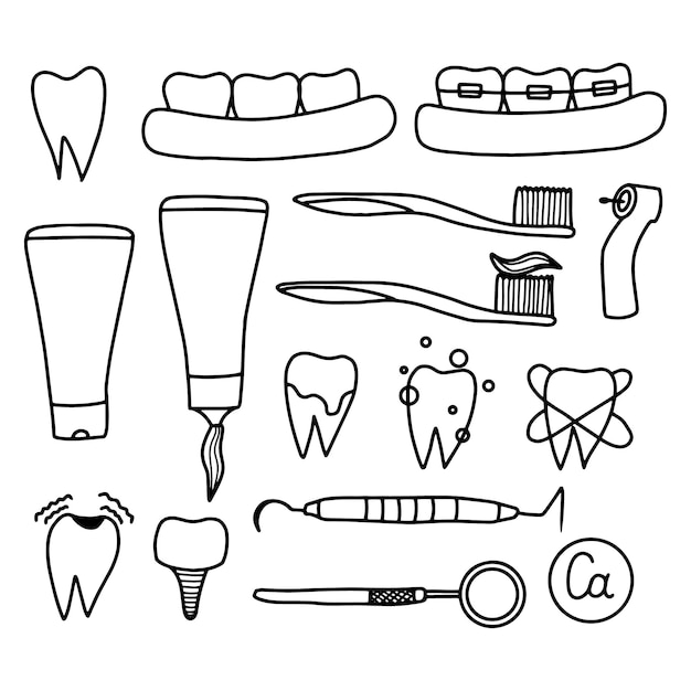 Dentistry icons set Teeth dentures orthodontic dental instruments Doodle style Vector illustration Vector illustration