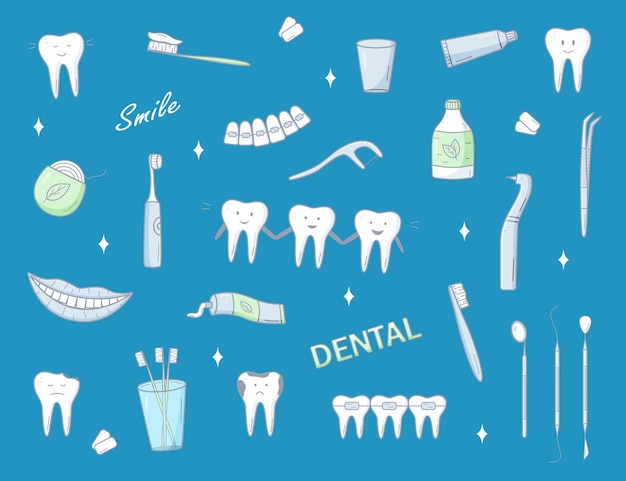 Dentistry set of doodle icons Vector illustration of elements for the treatment and care of teeth Dentists tools Teeth with emotions