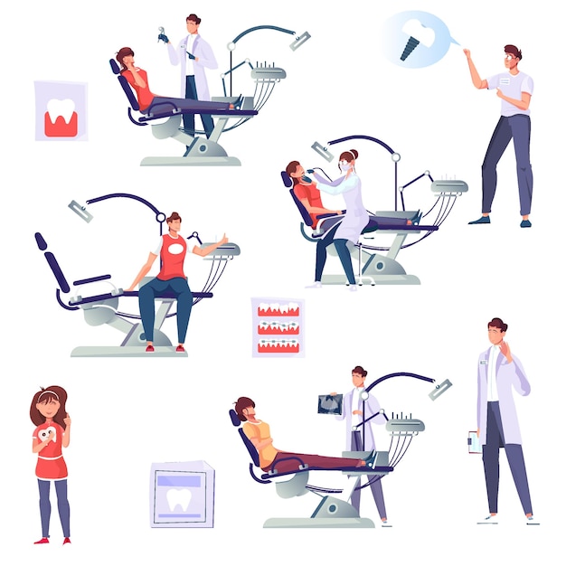 Vector dentistry set of flat isolated icons and characters of dentists at work with patients and supplies vector illustration