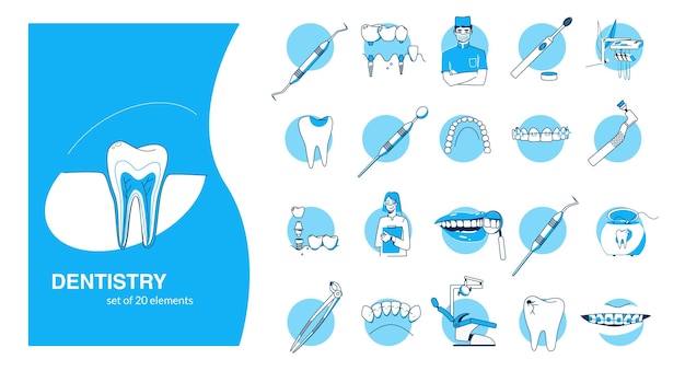 Dentistry set with flat isolated compositions of human mouth teeth with dental tools facilities and text vector illustration