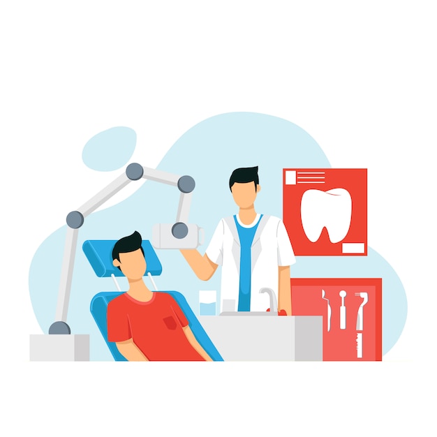 dentists examining male and female patients lying in chairs