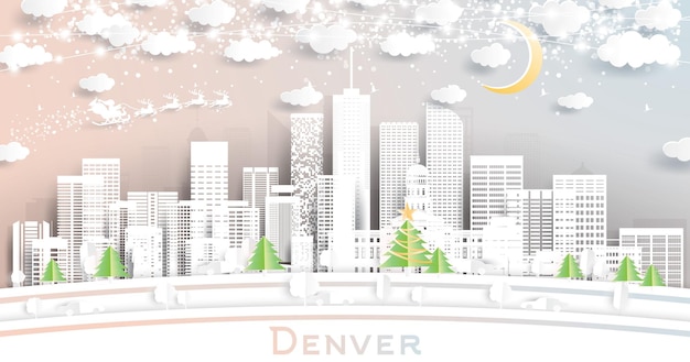 Denver Colorado USA City Skyline in Paper Cut Style with Snowflakes Moon and Neon Garland