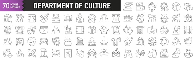 Department of Culture black linear icons Collection of 70 icons in black Big set of linear icons