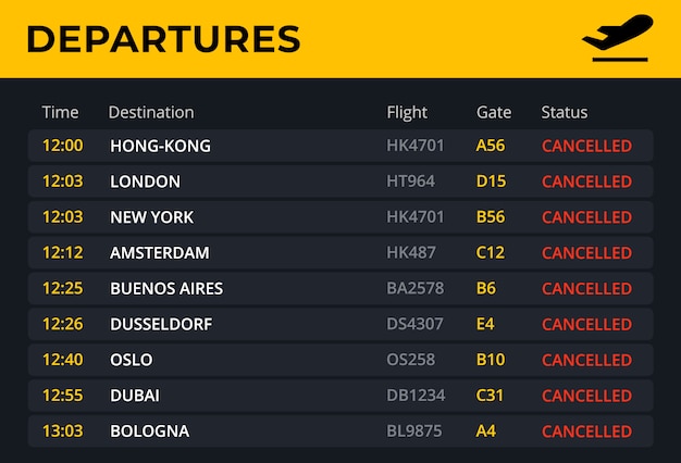 Departure board with all flights cancelled status.