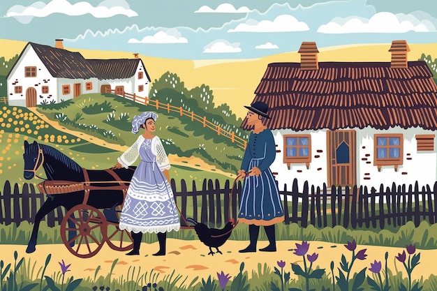 Vector depiction slavic village scene