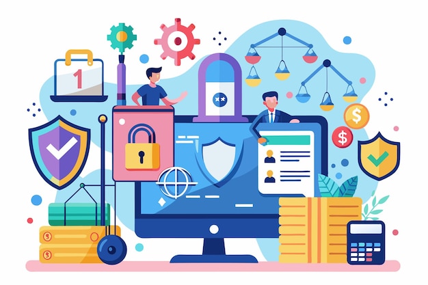 Vector depicts elements of data protection compliance and digital security in a modern workspace setup gdpr customizable disproportionate illustration