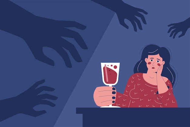 Depressed frustrated drunk woman with a glass of wine The hands reaching out to her from the darkness are symbols of trauma addiction psychological disorder