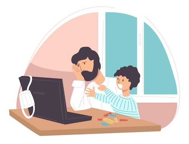 Depressed or sad dad with son sitting by laptop watching news or reading article. Man upset because of quarantine and crisis, worried male character thinking on problems. Vector in flat style