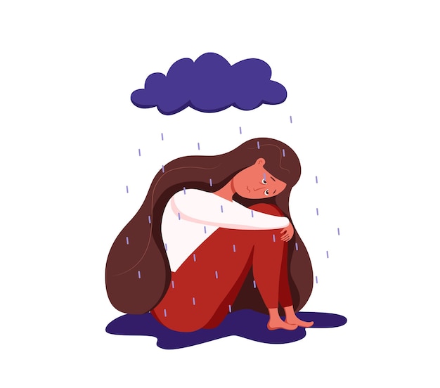 Depressed sad lonely woman in anxiety, sorrow vector cartoon illustration.