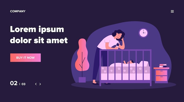 Depressed tired mom giving bottle to baby. Sad sleepy new mother leaning on crib to feed newborn child.   illustration for postnatal anxiety, postpartum depression, maternity blues concept