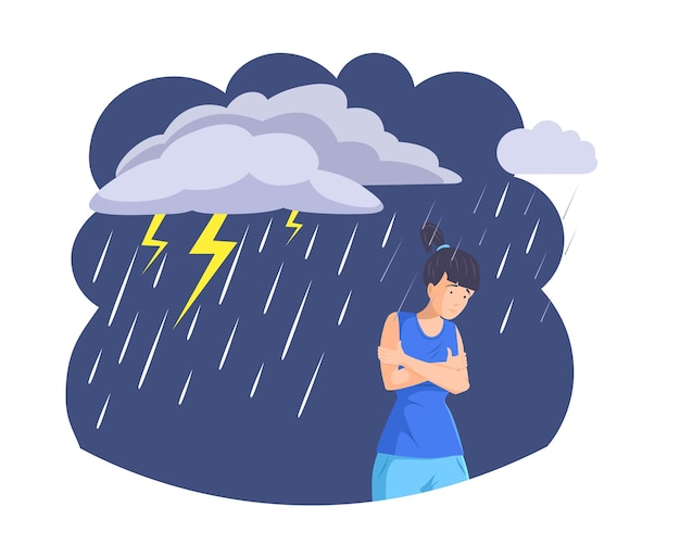 Depressed unhappy young woman standing under heavy rain