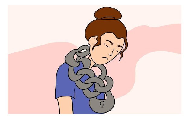 Depressed woman Heavy chain closed lock around neck Vector flat illustration