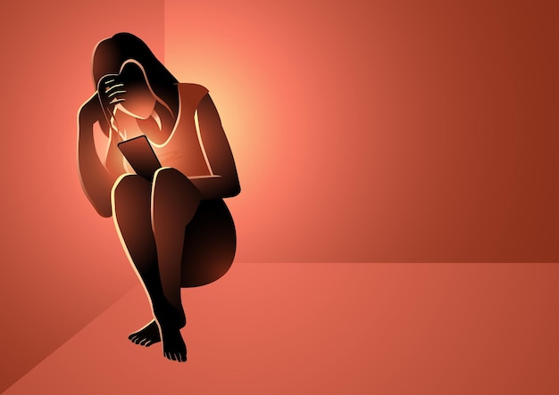 Depressed woman sitting in a corner holding a smart phone, social media anxiety concept