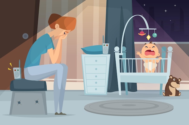 Depressing mother. Tired woman sitting near screaming baby in bed sick child vector cartoon background. Tired and depression, baby and mother illustration