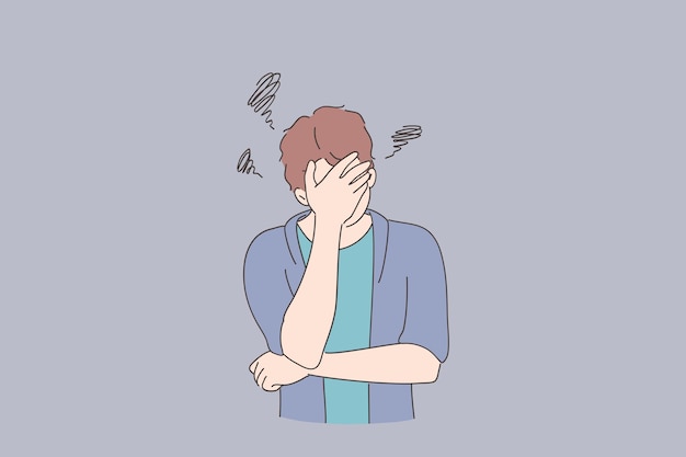 Depression, bad thoughts, stress concept. Young man cartoon character covering face with hands and feeling upset unhappy and thoughtful