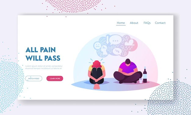 Depression, Bipolar Disorder, Alcohol Addiction Landing Page Template. Characters Sitting on Floor in Depressed Mood with Wine Bottle and Bowed Head. People Feel Lonely. Cartoon Vector Illustration