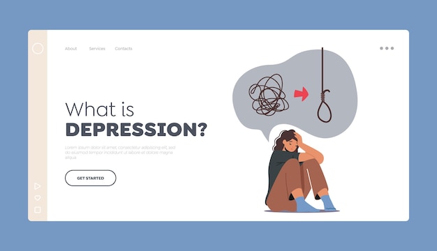 Depression Landing Page Template Mental Disease Unhappy Woman Sitting on Floor with Tangled Thoughts in Head