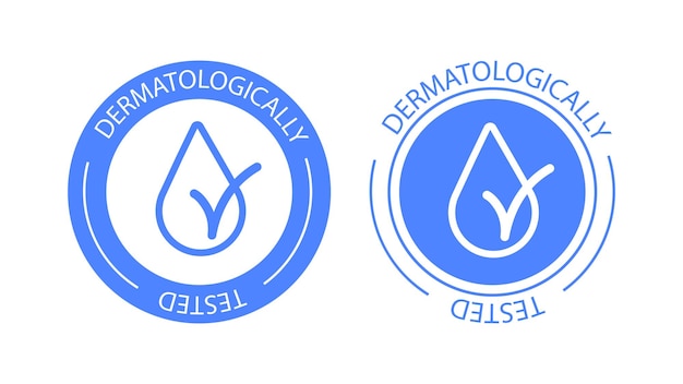 Dermatologically tested vector label with water drop logo Dermatology test and dermatologist clinically proven icon for allergy free and healthy safe product package tag EPS