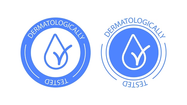 Dermatologically tested vector label with water drop logo Dermatology test and dermatologist clinically proven icon for allergy free and healthy safe product package tag EPS