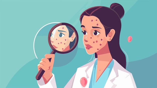 Vector dermatologist examining acne with magnifying glass