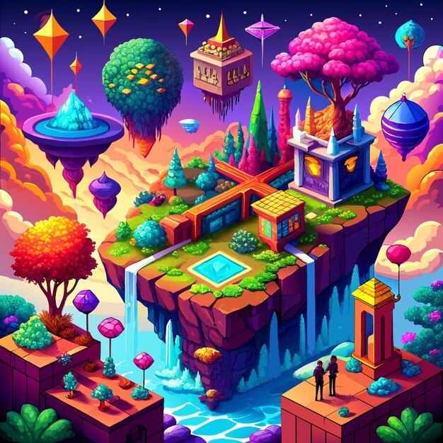 Vector description a dreamlike world made entirely of pixels with surreal landscapes floating islands