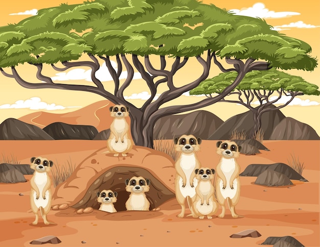 Desert background with a group of meerkats