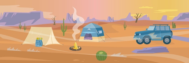 Desert camp panorama flat vector illustration. Tents and car near campfire.