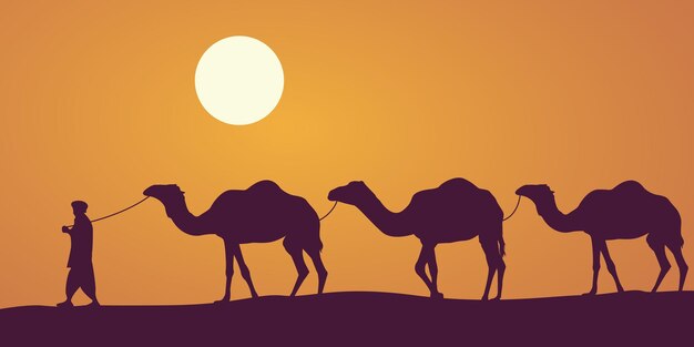 Vector desert, caravan of camels. vector illustration.