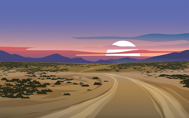 Desert dirt road landscape at sunset