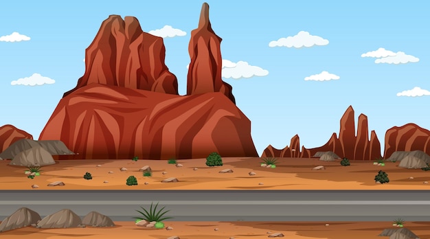 Vector desert forest landscape at daytime scene with long road