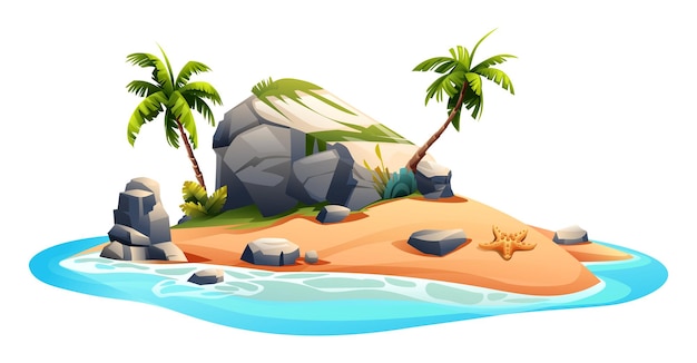 Desert island cartoon vector illustration Uninhabited island isolated on white background