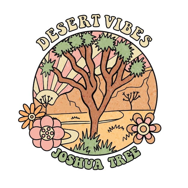 Desert joshua tree retro graphic round badge for t shirt and others mountain and sunset landscape vi