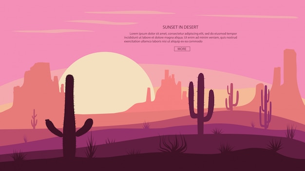 Desert landscape Cactus and mountains , sunset in cannon, illustration scene with stones and sand.