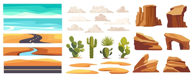 Desert landscape elements constructor mega set in flat graphic design Creator kit with sandy spaces and sky roads dunes clouds green actus rock mountains dry climate Vector illustration