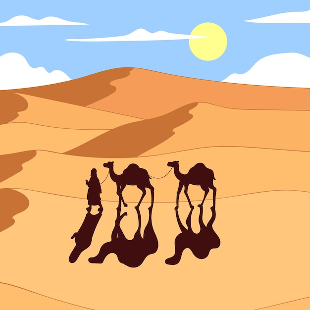 Vector desert landscape and people walking with camels