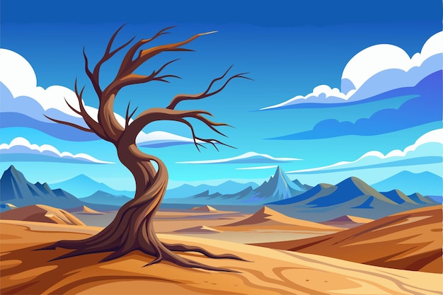 a desert landscape with a dead tree and mountains in the background