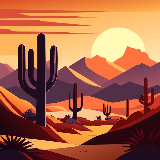 desert landscape with dunes and cacti vector illustration