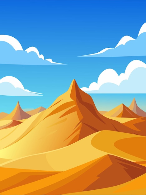 Vector desert landscape with golden sand dunes with fluffy clouds blue sky