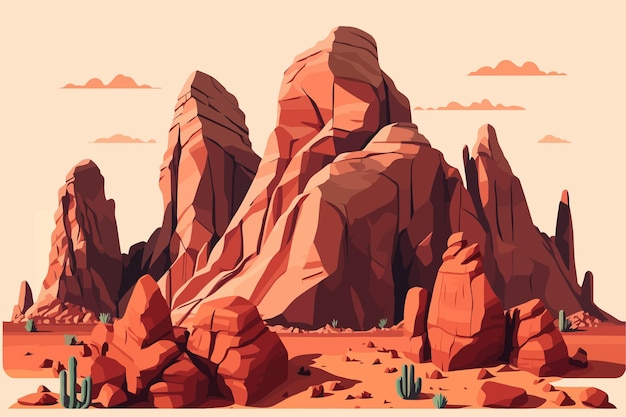 Desert landscape with red rocks and cactuses Vector illustration