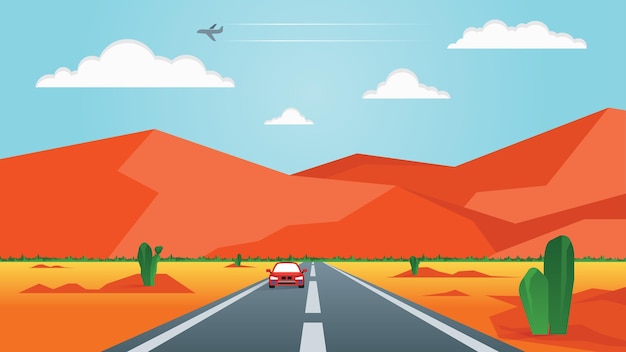 Desert Landscape with Road and Car and Cactuses EPS 10 Free Vector