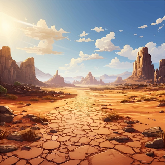 a desert landscape with a road leading to the sun scene with a lone tree mountains game background