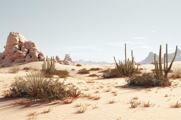 a desert landscape with rocks and grass in the background