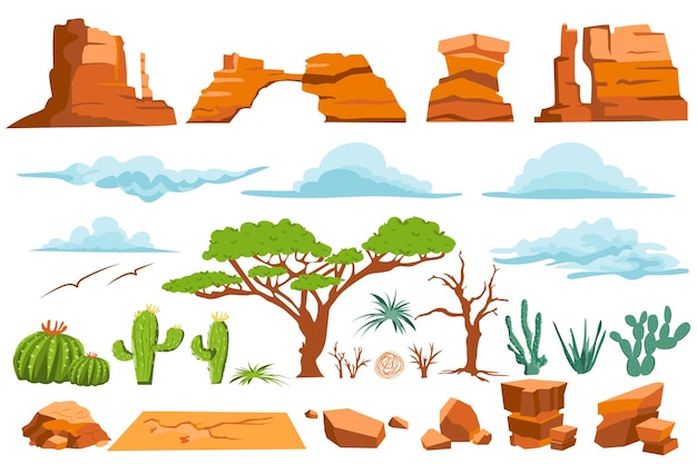 Desert nature isolated graphic elements set in flat design Bundle of different shape mountains and rocks stones clouds in sky trees cactus and other plants for arid climate Vector illustration