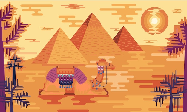 Vector desert nature landscape vector illustration egyptian great pyramids and camel