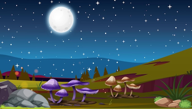 Desert night illustration with full moon of nature landscape