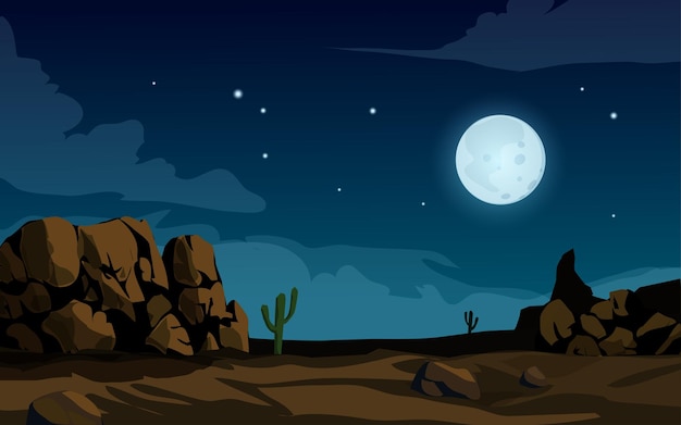 Desert night illustration with full moon and rocks