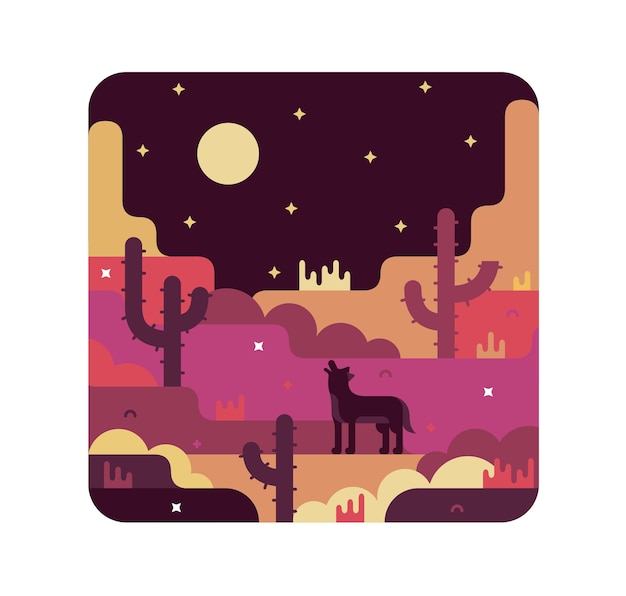 Desert at night wolf howling at the moon cactus rocks Vector Illustration