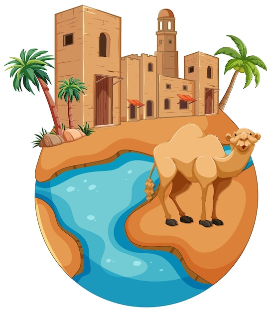 Desert Oasis and Camel Vector Illustration