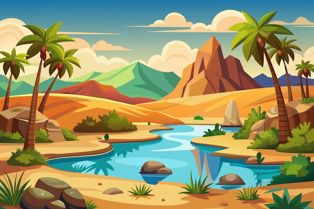 Vector desert oasis landscape with nature background illustration in cartoon style