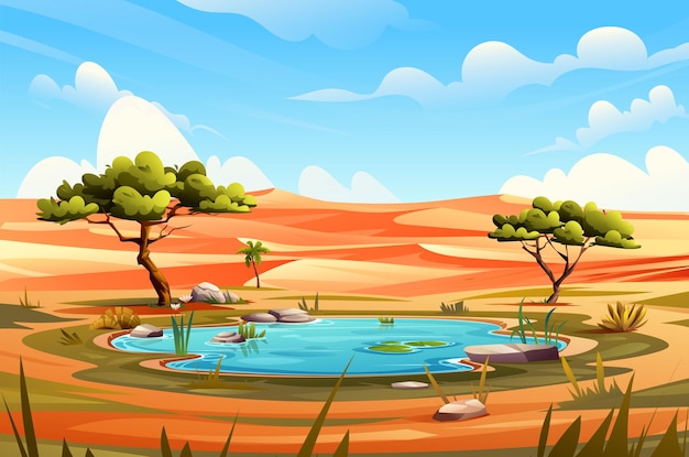 Vector desert oasis with trees small lake and surrounding sand dunes background nature landscape vector